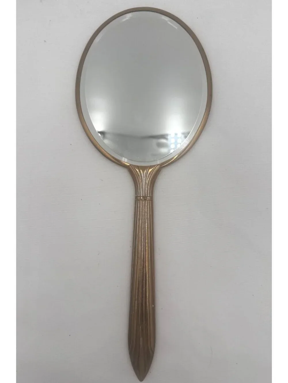 Vintage Handheld Vanity Mirror With Gold Floral Design & Green Enamel Back